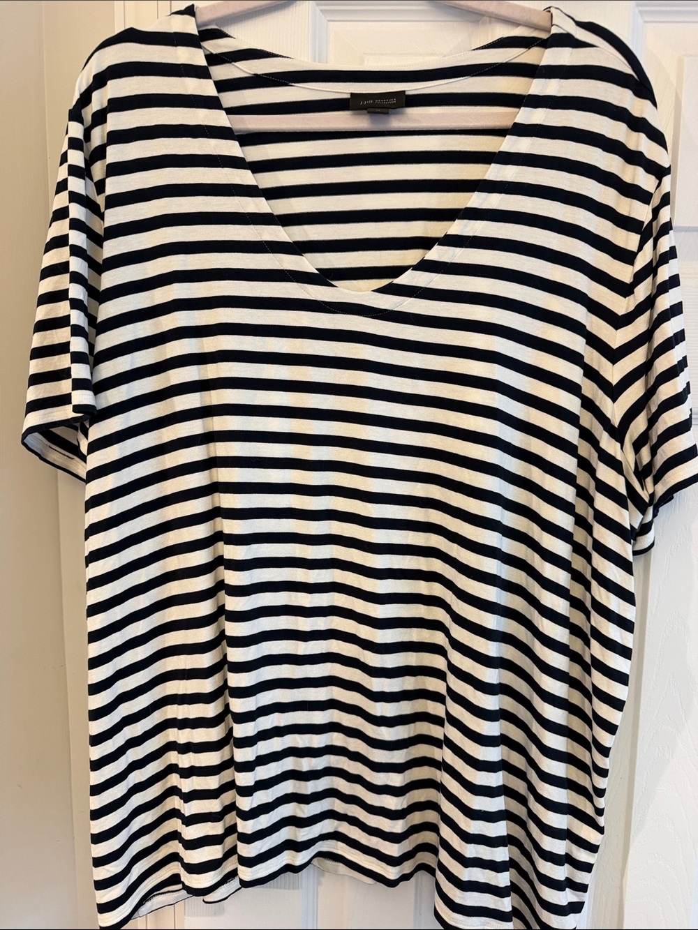 J.Jill Striped V-Neck Short Sleeve Top - Black & White